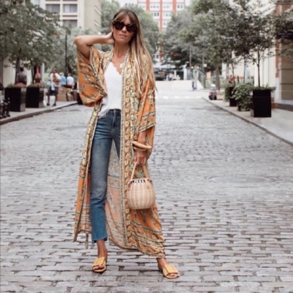 Boho Mustard Yellow Floral Print Belted Duster Kimono - Picture 3 of 6